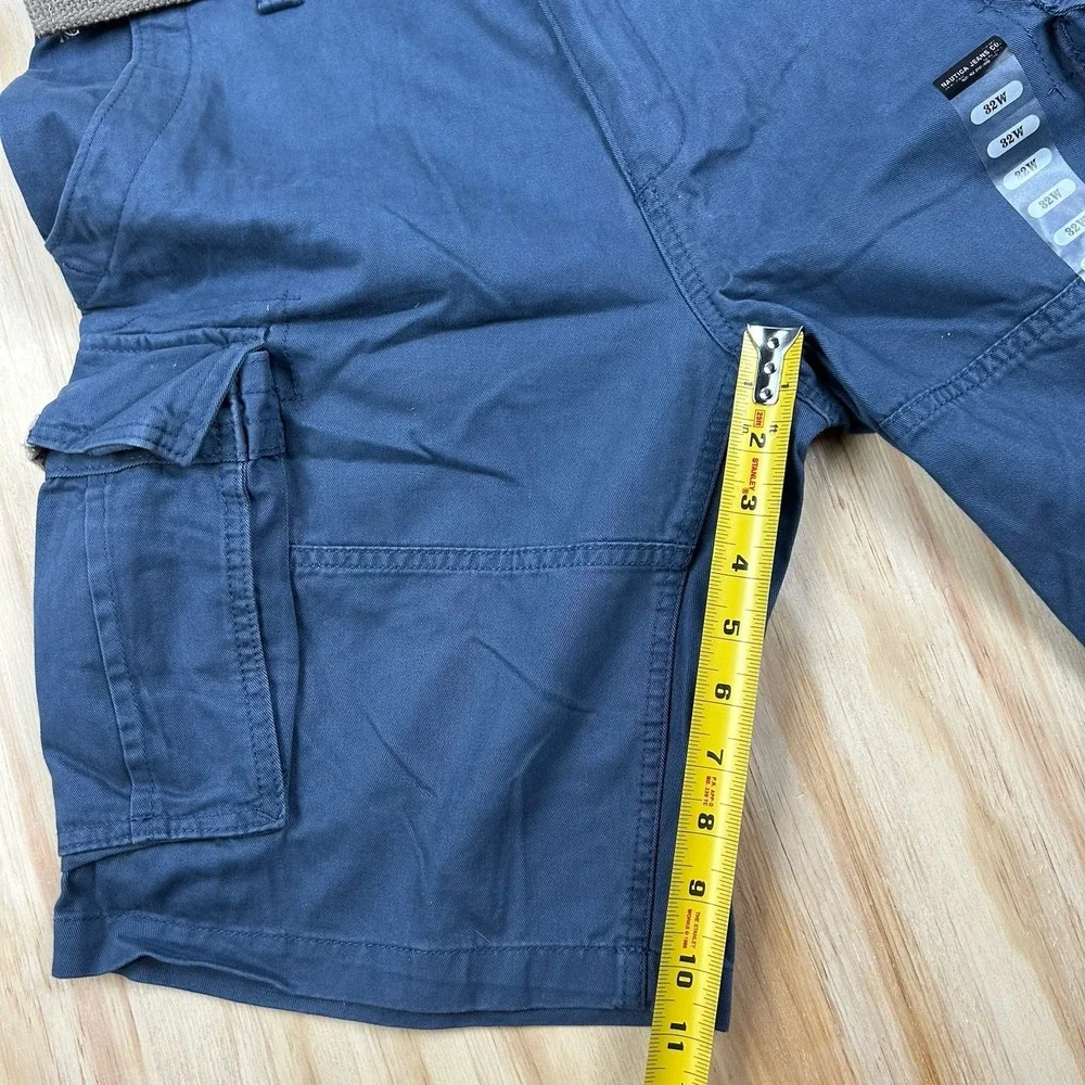Nautica NEW Navy Blue 100% Cotton Baggy Cargo Twill‎ Shorts with Gray Belt 32